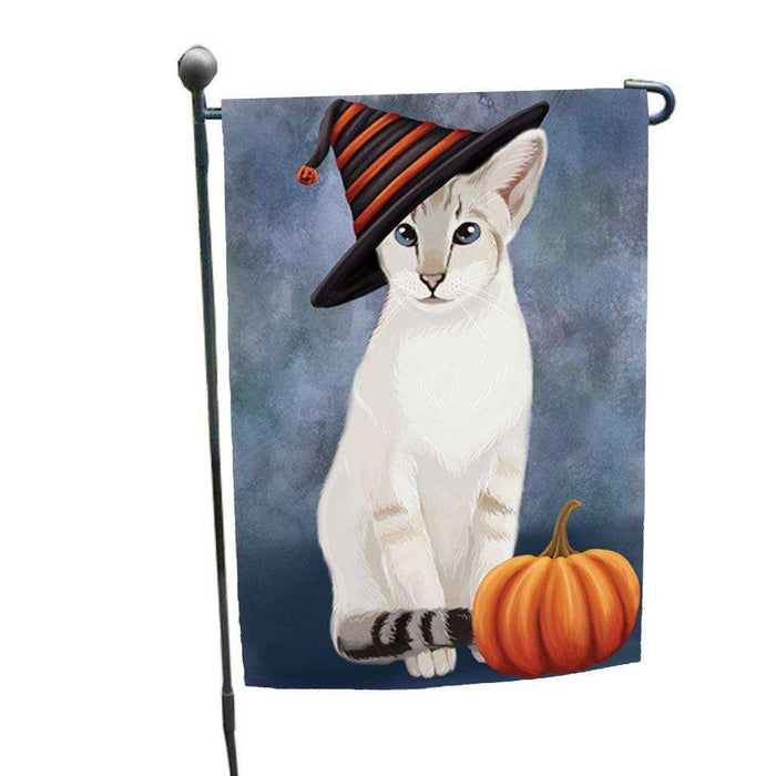 Oriental Blue Point Siamese Cat Wearing Witch Hat with Pumpkin Garden Flag