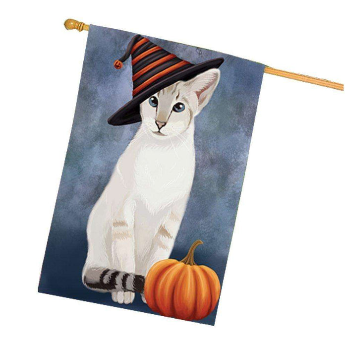 Oriental Blue Point Siamese Cat Wearing Witch Hat with Pumpkin House Flag