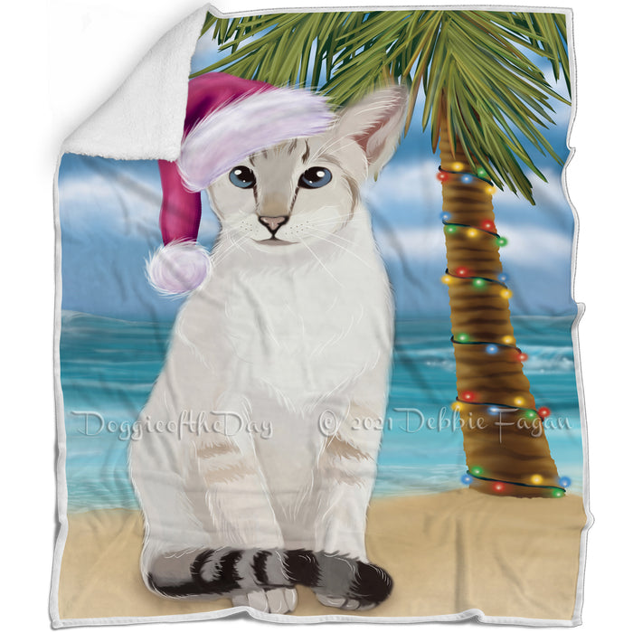 Summertime Happy Holidays Christmas Siamese Blue Cat on Tropical Island Beach Blanket D180
