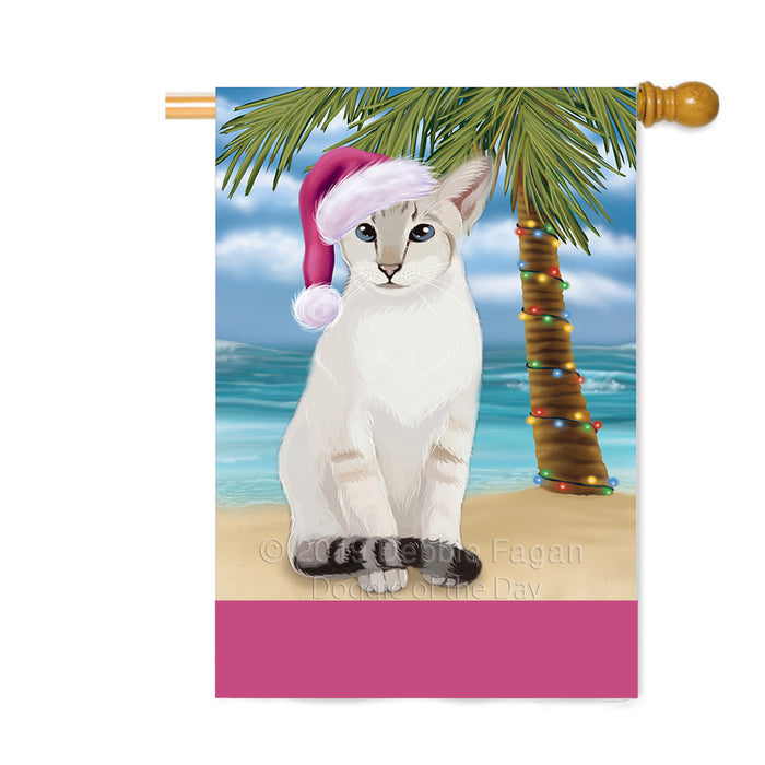 Personalized Summertime Happy Holidays Christmas Oriental Blue-Point Siamese Cat on Tropical Island Beach Custom House Flag FLG-DOTD-A60554