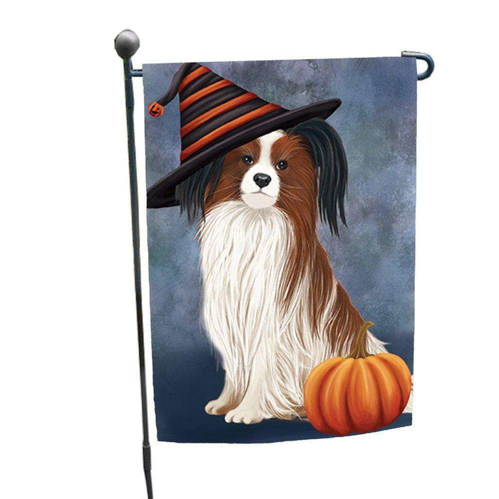 Papillion Dog Wearing Witch Hat with Pumpkin Garden Flag