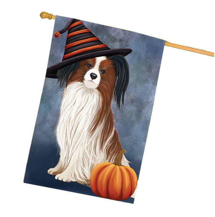 Papillion Dog Wearing Witch Hat with Pumpkin House Flag