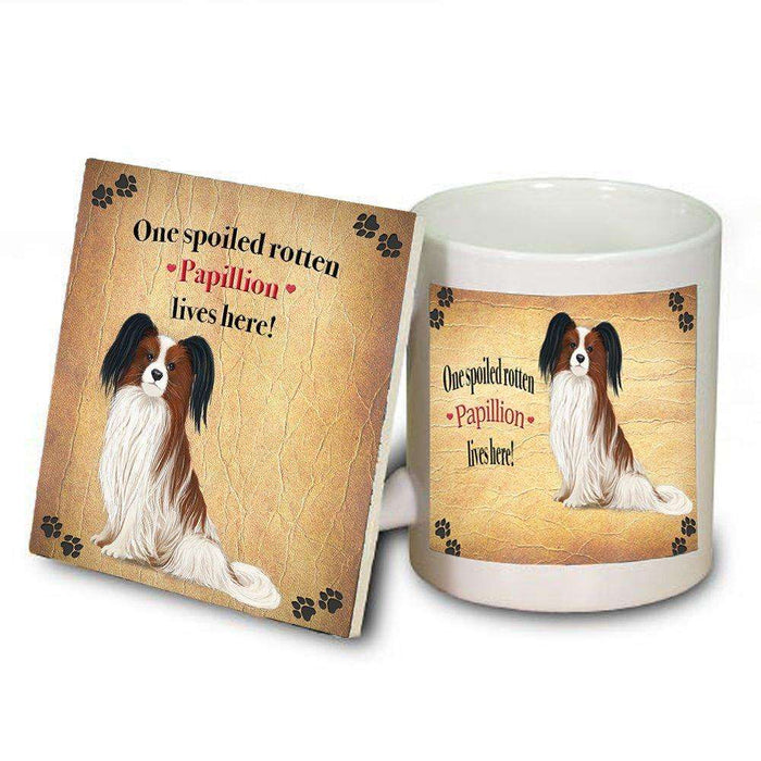 Papillion Portrait Spoiled Rotten Dog Coaster and Mug Combo Gift Set