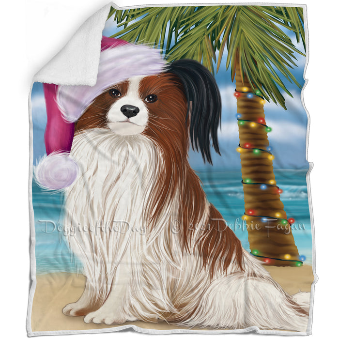 Summertime Happy Holidays Christmas Papillion Dog on Tropical Island Beach Blanket D181