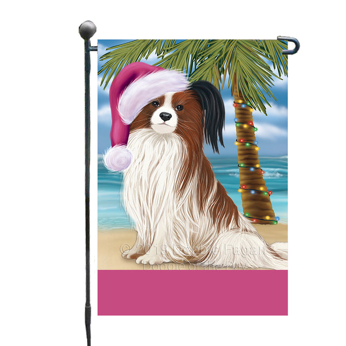 Personalized Summertime Happy Holidays Christmas Papillion Dog on Tropical Island Beach  Custom Garden Flags GFLG-DOTD-A60499