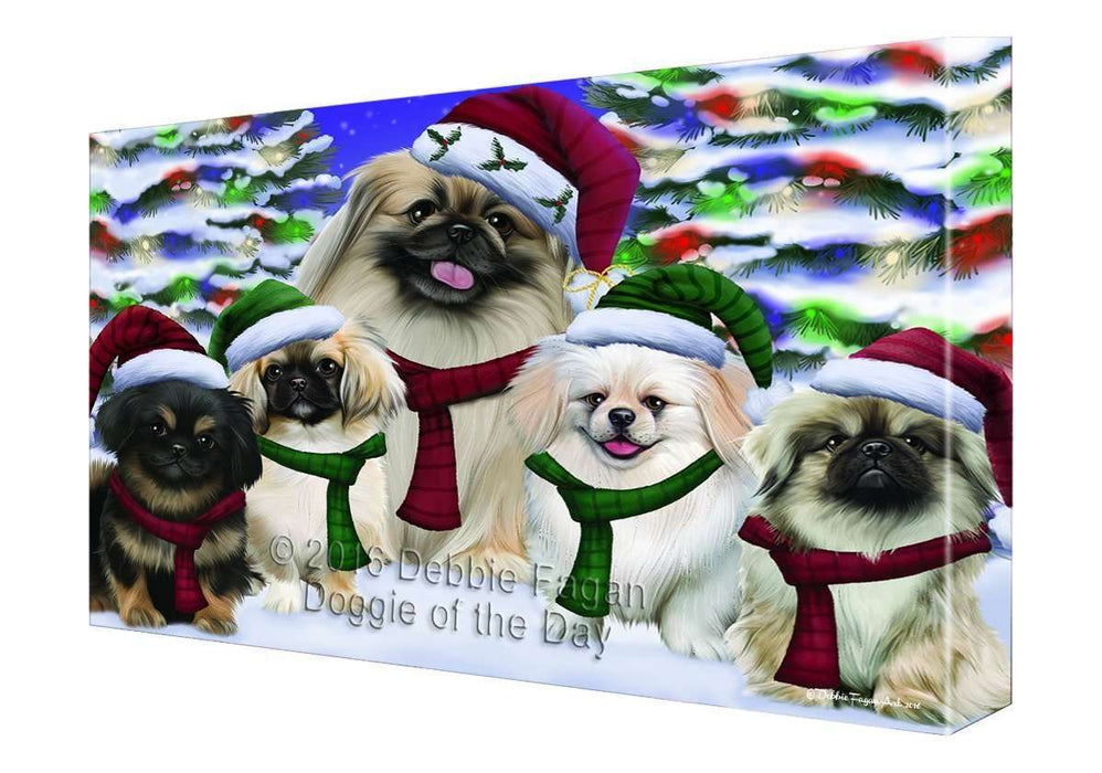 Pekingese Dog Christmas Family Portrait in Holiday Scenic Background Canvas Wall Art