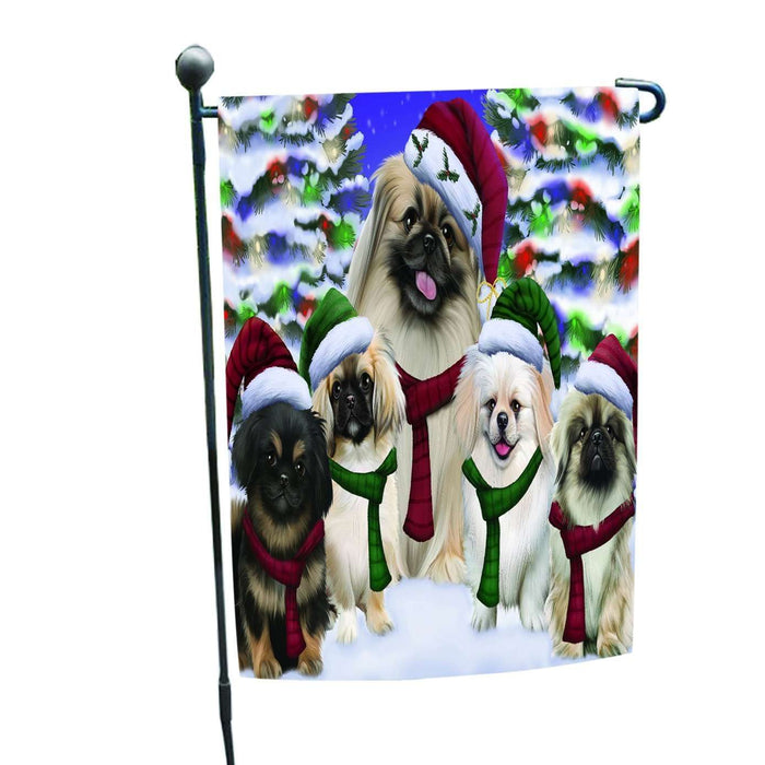 Pekingese Dog Christmas Family Portrait in Holiday Scenic Background Garden Flag