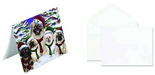 Pekingese Dog Christmas Family Portrait in Holiday Scenic Background Handmade Artwork Assorted Pets Greeting Cards and Note Cards with Envelopes for All Occasions and Holiday Seasons