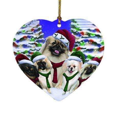 Pekingese Dog Christmas Family Portrait in Holiday Scenic Background Heart Ornament D165