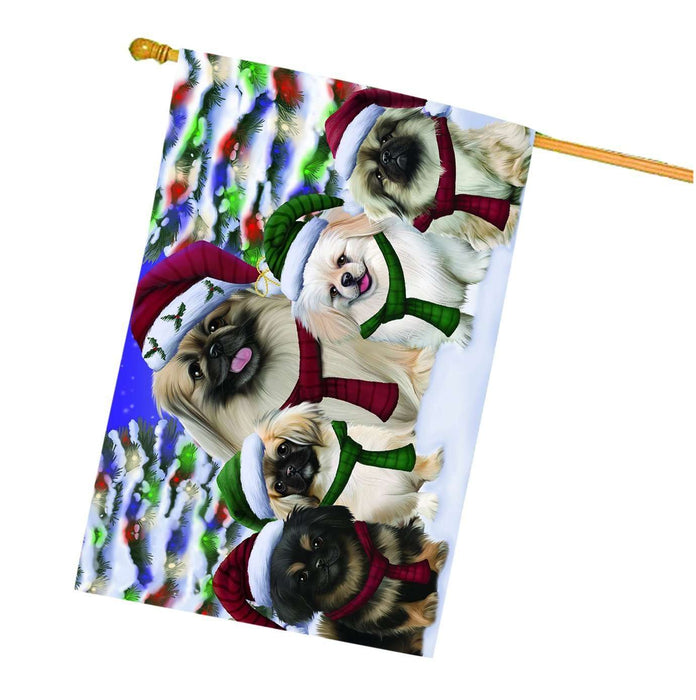 Pekingese Dog Christmas Family Portrait in Holiday Scenic Background House Flag