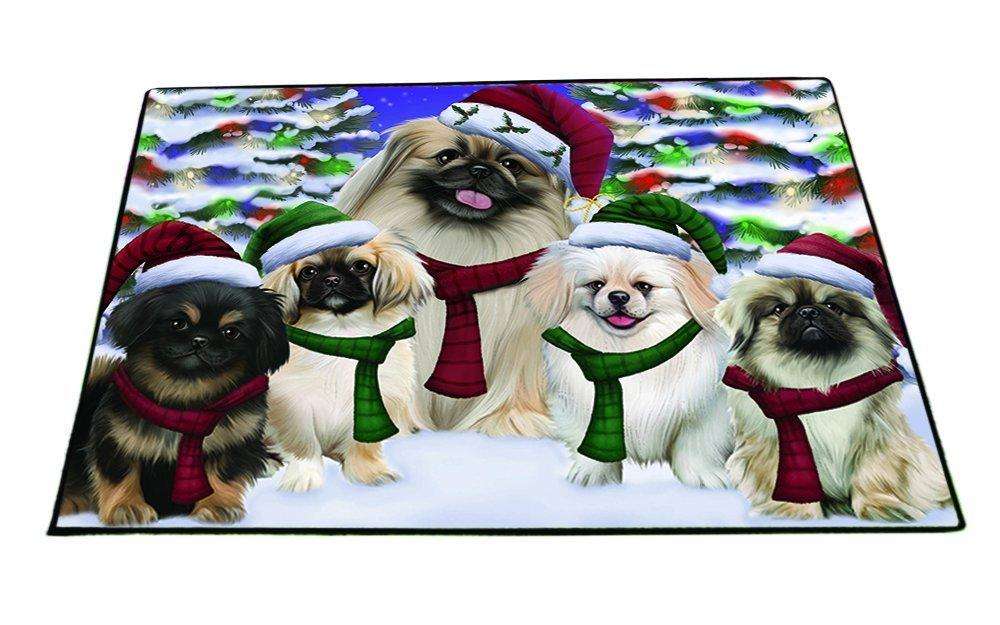 Pekingese Dog Christmas Family Portrait in Holiday Scenic Background Indoor/Outdoor Floormat