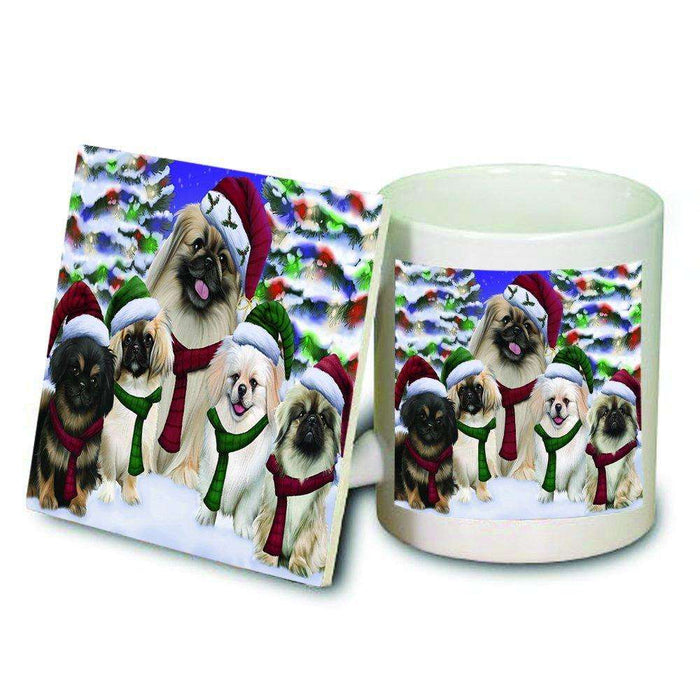 Pekingese Dog Christmas Family Portrait in Holiday Scenic Background Mug and Coaster Set