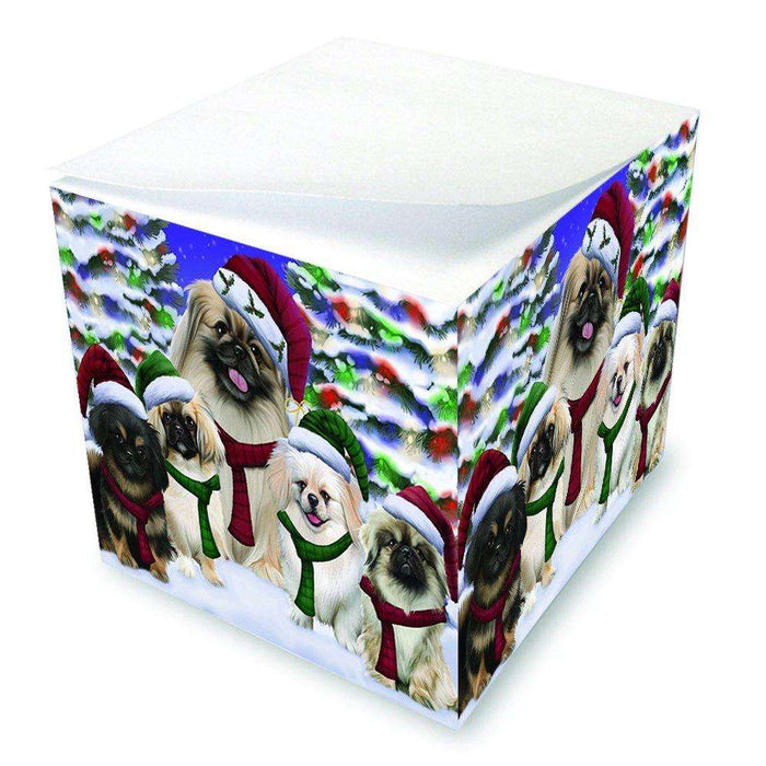 Pekingese Dog Christmas Family Portrait in Holiday Scenic Background Note Cube D181