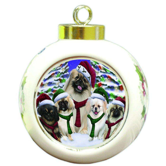 Pekingese Dog Christmas Family Portrait in Holiday Scenic Background Round Ball Ornament D165