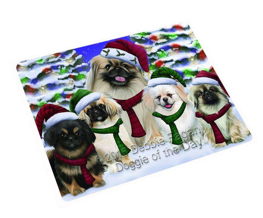 Pekingese Dog Christmas Family Portrait in Holiday Scenic Background Tempered Cutting Board