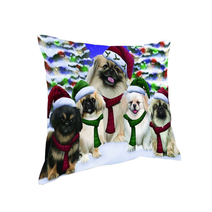 Pekingese Dog Christmas Family Portrait in Holiday Scenic Background Throw Pillow