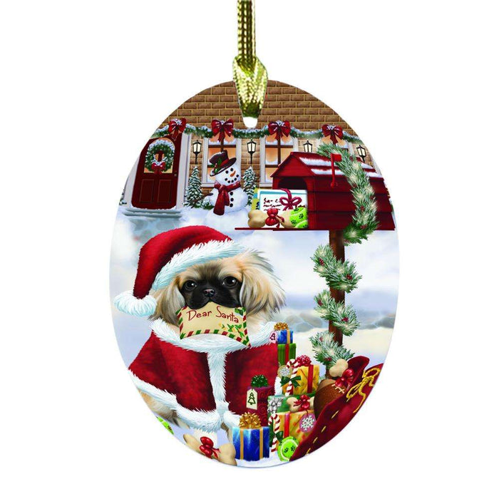 Pekingese Dog Dear Santa Letter Christmas Holiday Mailbox Oval Glass Christmas Ornament OGOR49067