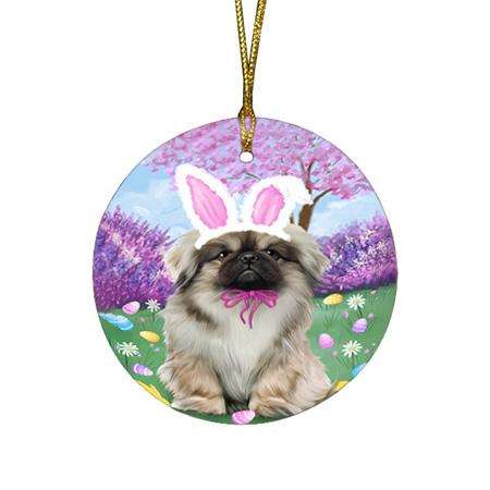 Pekingese Dog Easter Holiday Round Flat Christmas Ornament RFPOR49187