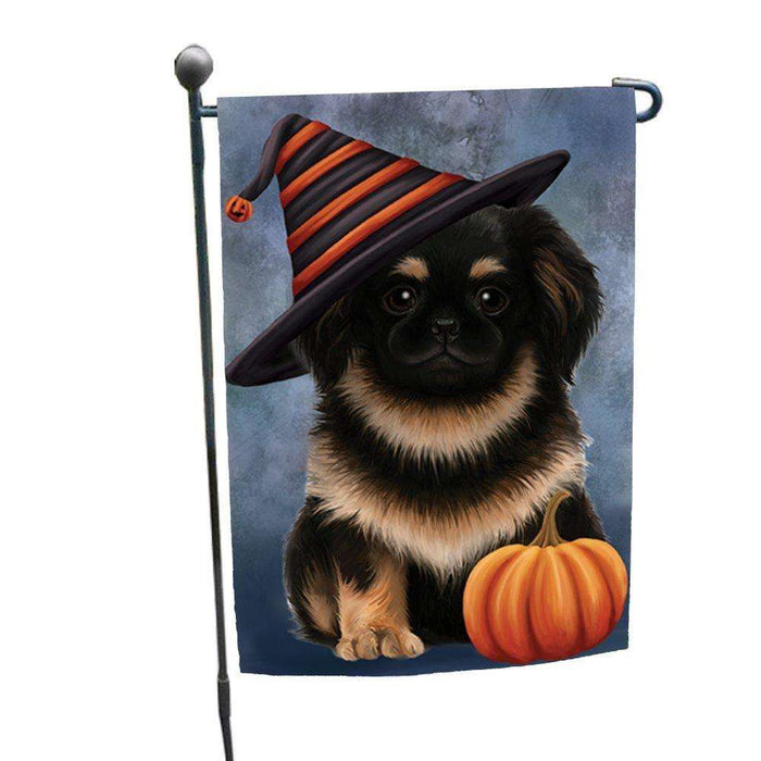 Pekingese Dog Wearing Witch Hat with Pumpkin Garden Flag