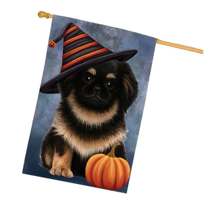Pekingese Dog Wearing Witch Hat with Pumpkin House Flag