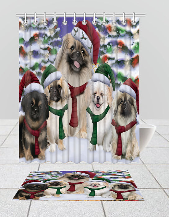 Pekingese Dogs Christmas Family Portrait in Holiday Scenic Background  Bath Mat and Shower Curtain Combo