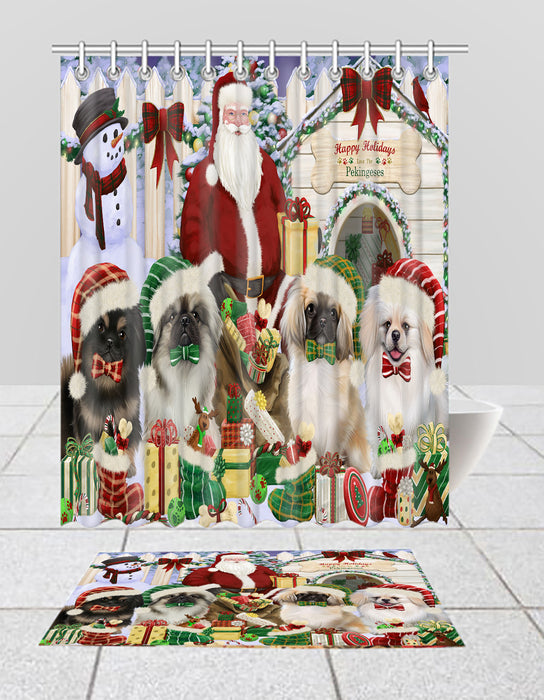 Happy Holidays Christmas Pekingese Dogs House Gathering Bath Mat and Shower Curtain Combo