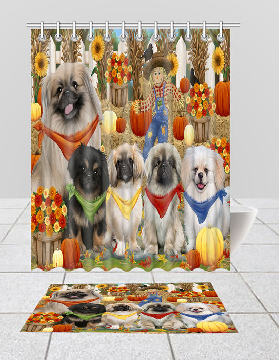 Fall Festive Harvest Time Gathering Pekingese Dogs Bath Mat and Shower Curtain Combo