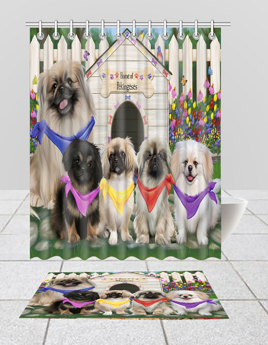 Spring Dog House Pekingese Dogs Bath Mat and Shower Curtain Combo