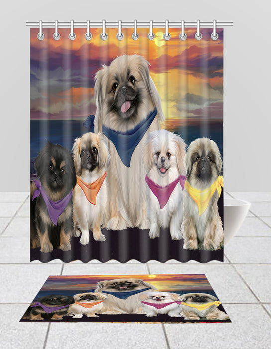 Family Sunset Portrait Pekingese Dogs Bath Mat and Shower Curtain Combo