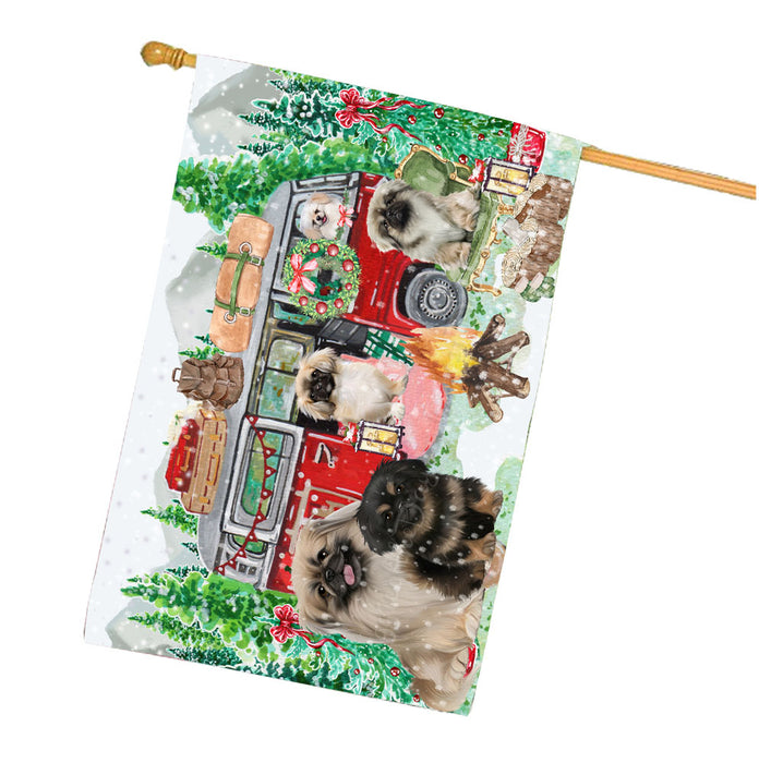 Christmas Time Camping with Pekingese Dogs House Flag Outdoor Decorative Double Sided Pet Portrait Weather Resistant Premium Quality Animal Printed Home Decorative Flags 100% Polyester