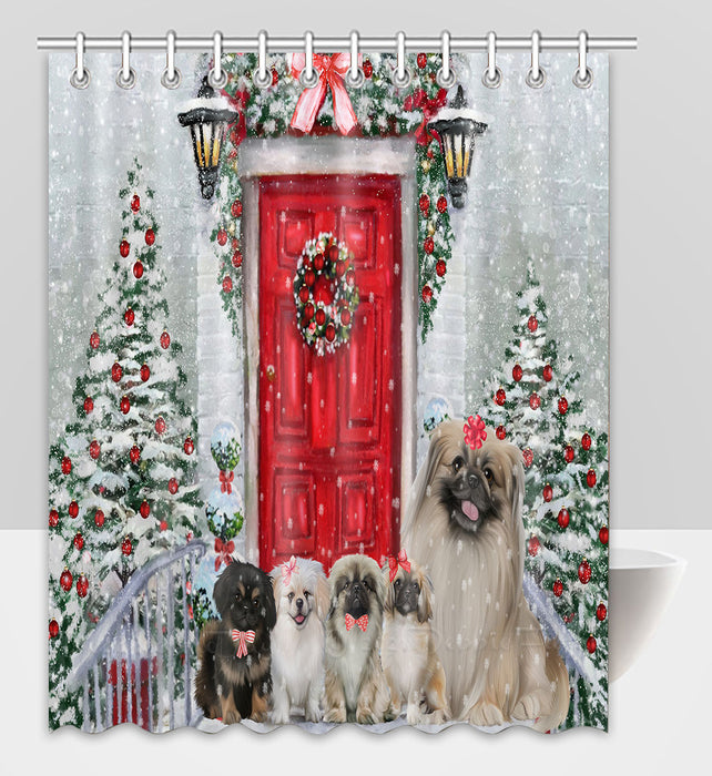 Christmas Holiday Welcome Pekingese Dogs Shower Curtain Pet Painting Bathtub Curtain Waterproof Polyester One-Side Printing Decor Bath Tub Curtain for Bathroom with Hooks