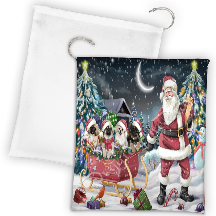 Santa Sled Dogs Christmas Happy Holidays Pekingese Dogs Drawstring Laundry or Gift Bag LGB48720