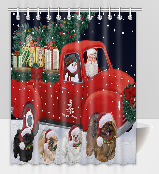 Christmas Express Delivery Red Truck Running Pekingese Dogs Shower Curtain Bathroom Accessories Decor Bath Tub Screens