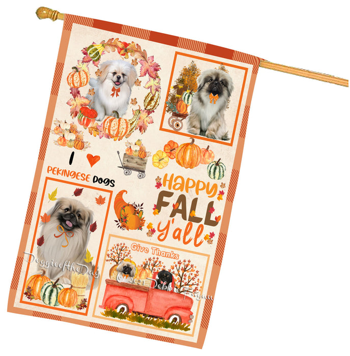 Happy Fall Y'all Pumpkin Pekingese Dogs House Flag Outdoor Decorative Double Sided Pet Portrait Weather Resistant Premium Quality Animal Printed Home Decorative Flags 100% Polyester
