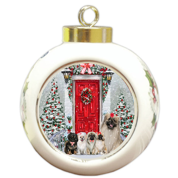 Christmas Holiday Welcome Pekingese Dogs Round Ball Christmas Ornament Pet Decorative Hanging Ornaments for Christmas X-mas Tree Decorations - 3" Round Ceramic Ornament