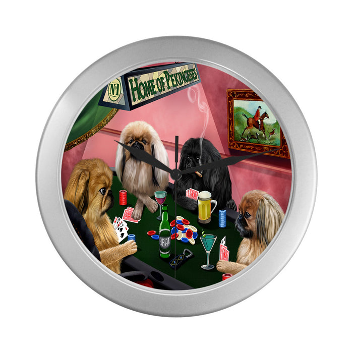 Home of Pekingese Dogs Playing Poker Silver Wall Clocks