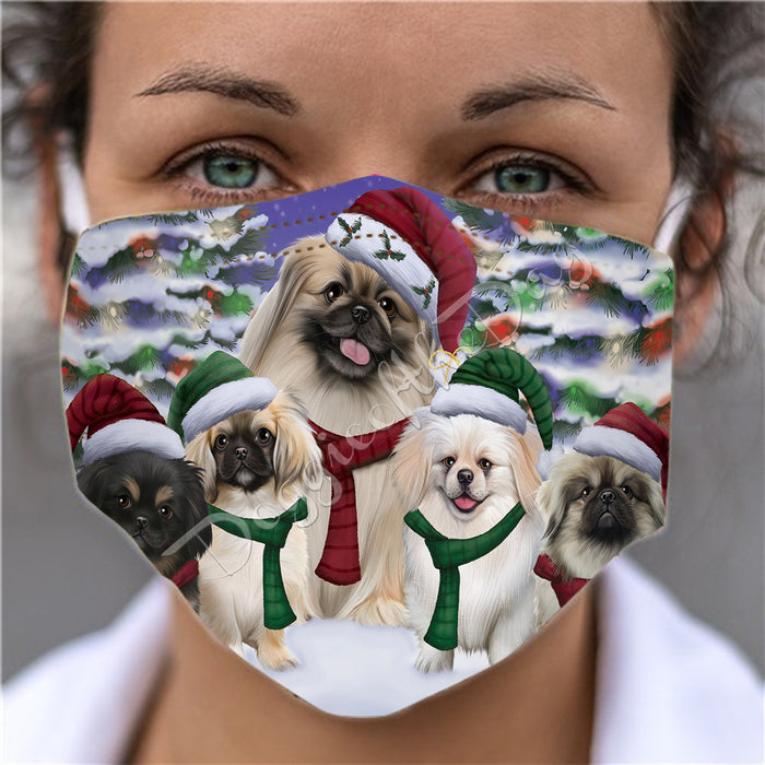 Pekingese Dogs Christmas Family Portrait in Holiday Scenic Background Face Mask FM48362