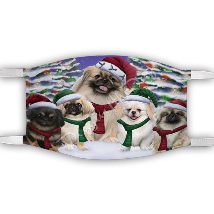 Pekingese Dogs Christmas Family Portrait in Holiday Scenic Background Face Mask FM48362