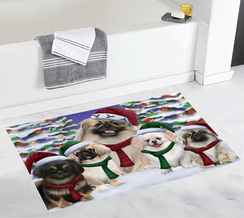 Pekingese Dogs Christmas Family Portrait in Holiday Scenic Background Bath Mat