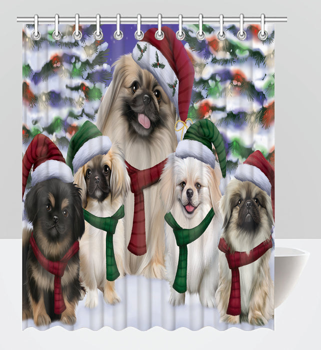 Pekingese Dogs Christmas Family Portrait in Holiday Scenic Background Shower Curtain