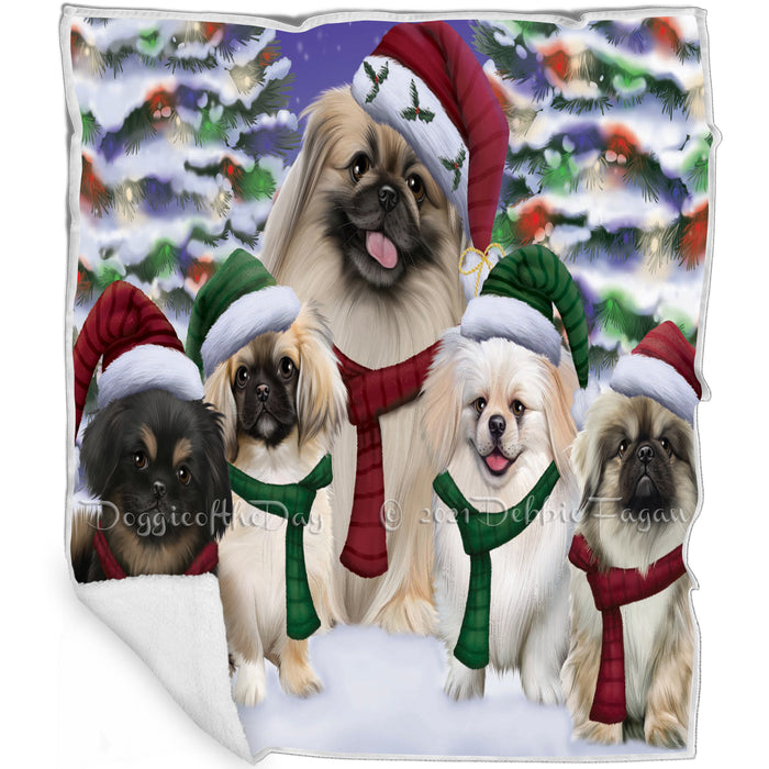 Pekingese Dog Christmas Family Portrait in Holiday Scenic Background Art Portrait Print Woven Throw Sherpa Plush Fleece Blanket