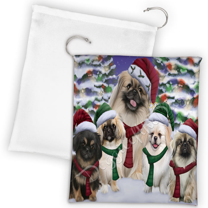 Pekingese Dogs Christmas Family Portrait in Holiday Scenic Background Drawstring Laundry or Gift Bag LGB48160