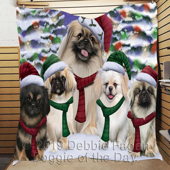 Pekingese Dogs Christmas Family Portrait in Holiday Scenic Background Quilt