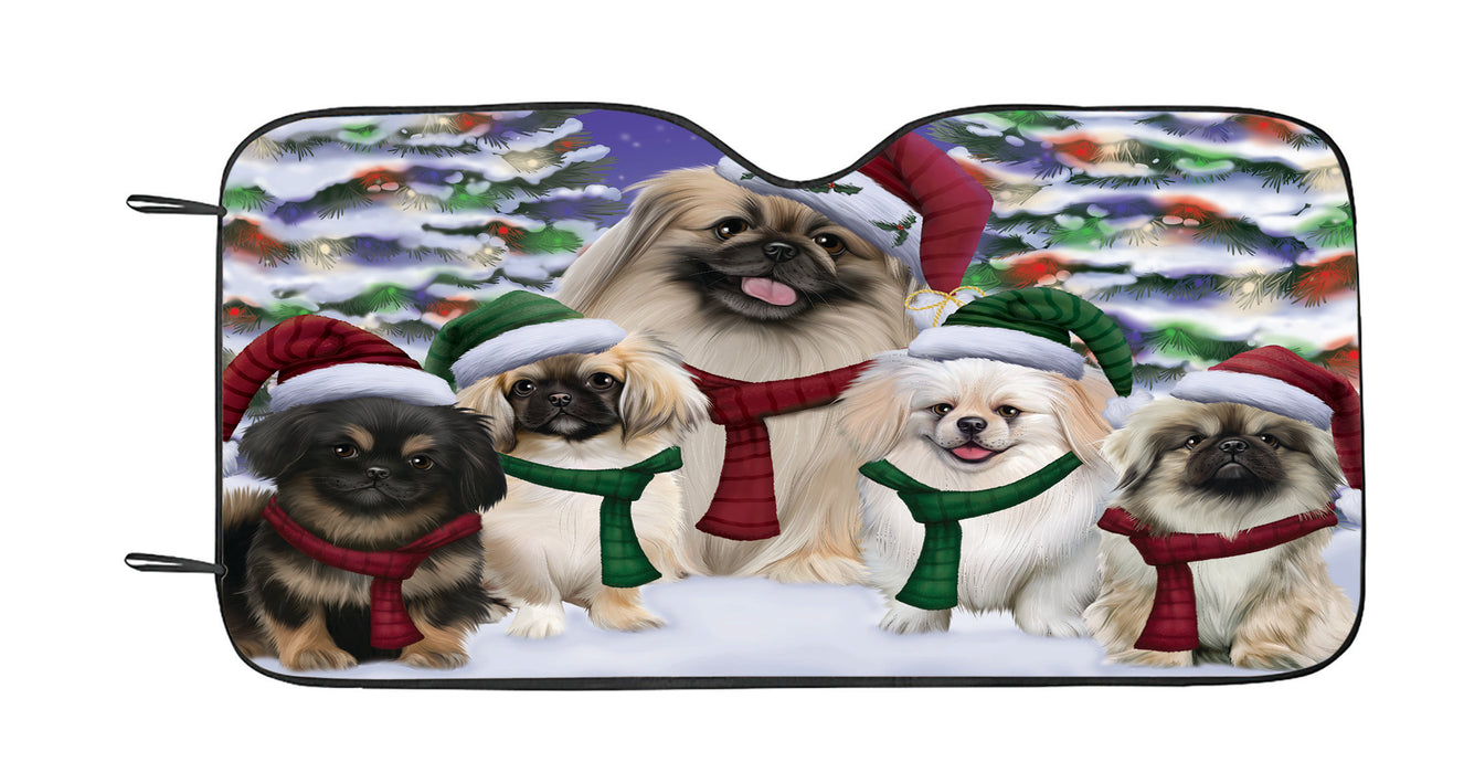 Pekingese Dogs Christmas Family Portrait in Holiday Scenic Background Car Sun Shade