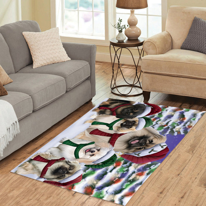 Pekingese Dogs Christmas Family Portrait in Holiday Scenic Background Area Rug