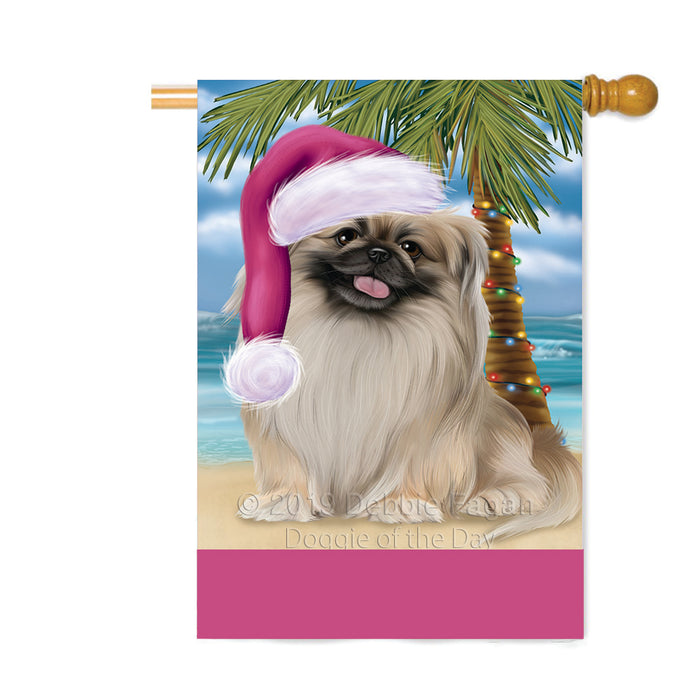 Personalized Summertime Happy Holidays Christmas Pekingese Dog on Tropical Island Beach Custom House Flag FLG-DOTD-A60556