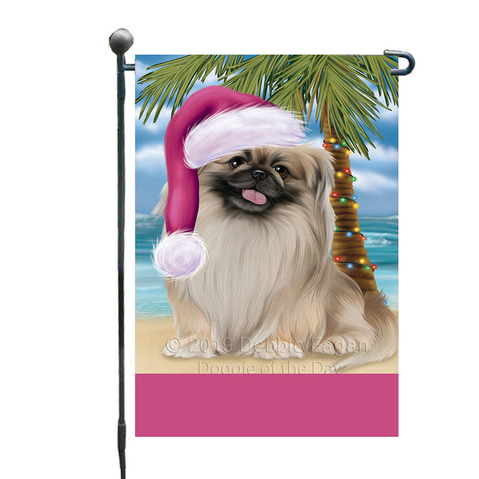 Personalized Summertime Happy Holidays Christmas Pekingese Dog on Tropical Island Beach  Custom Garden Flags GFLG-DOTD-A60500