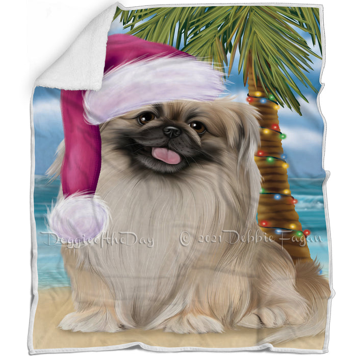 Summertime Happy Holidays Christmas Pekingese Dog on Tropical Island Beach Blanket