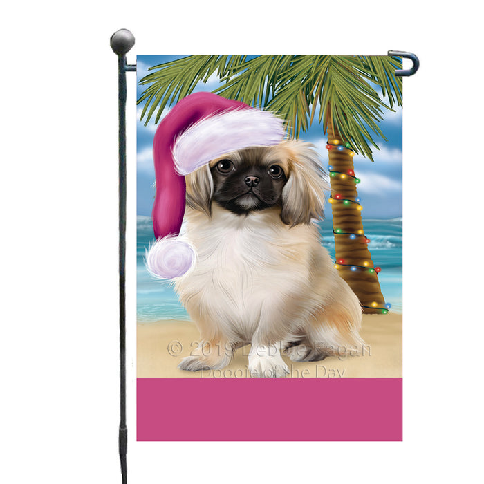Personalized Summertime Happy Holidays Christmas Pekingese Dog on Tropical Island Beach  Custom Garden Flags GFLG-DOTD-A60501