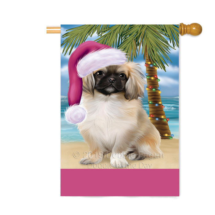 Personalized Summertime Happy Holidays Christmas Pekingese Dog on Tropical Island Beach Custom House Flag FLG-DOTD-A60557
